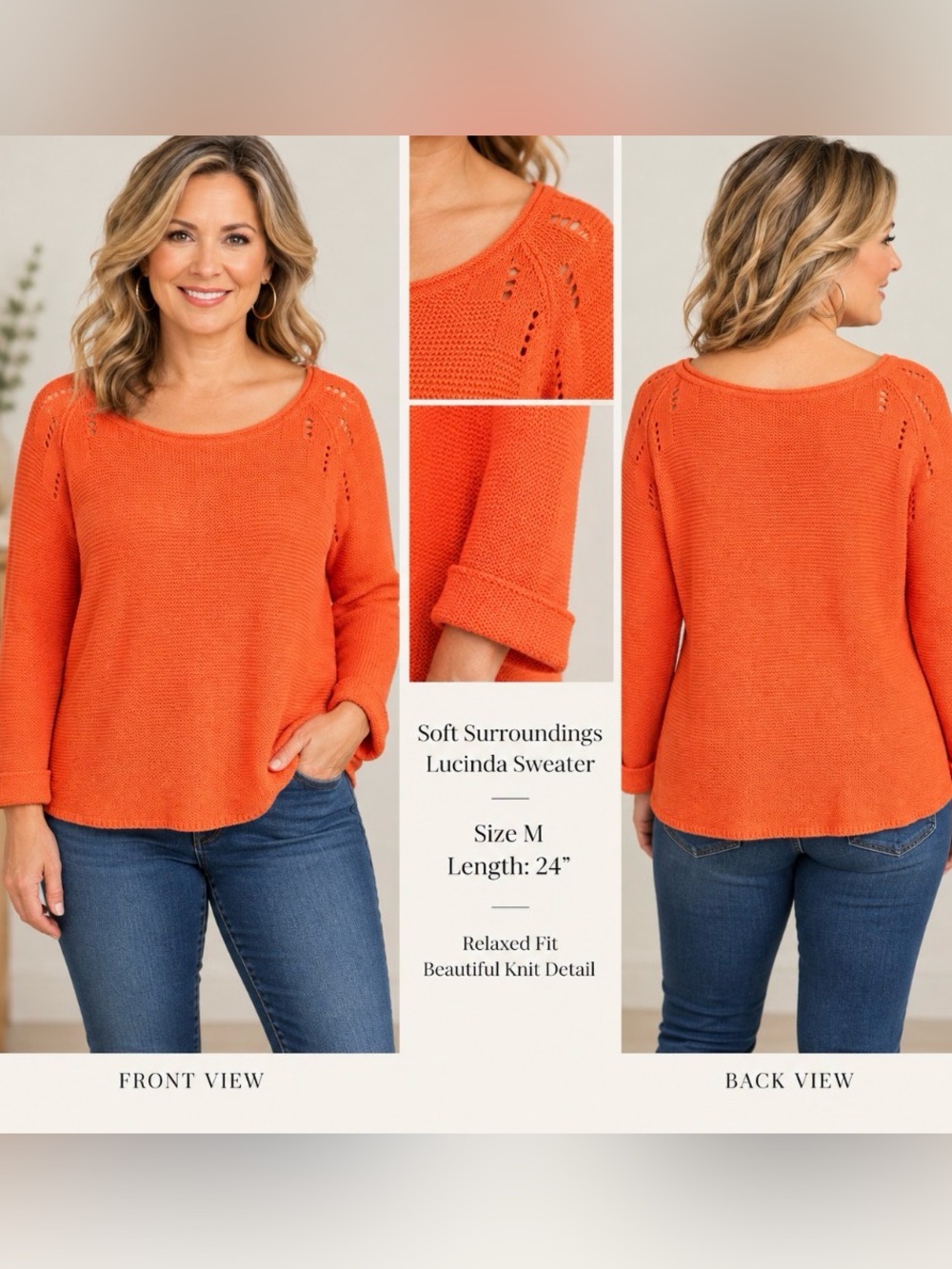 Soft Surroundings Lucinda Sweater Size M Orange Cotton Wool Blend